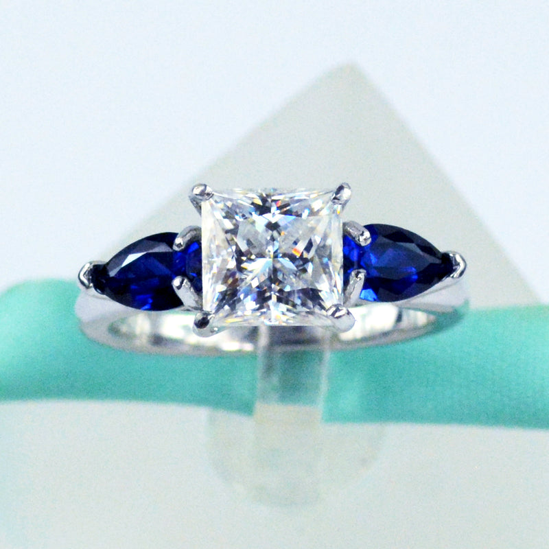 3Stone Princess Moissanite Blue Sapphire Ring