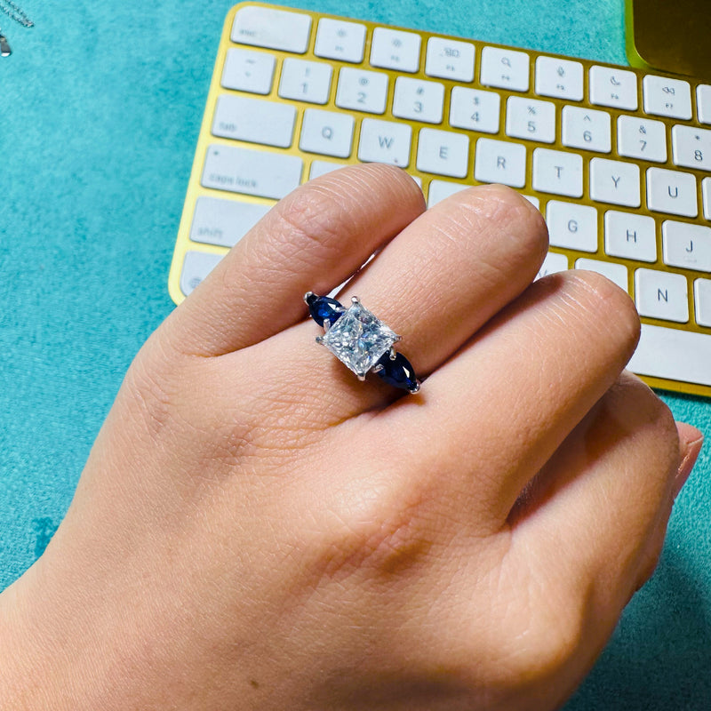 3Stone Princess Moissanite Blue Sapphire Ring