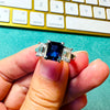 Blue Sapphire White Moissanite 3Stone Ring