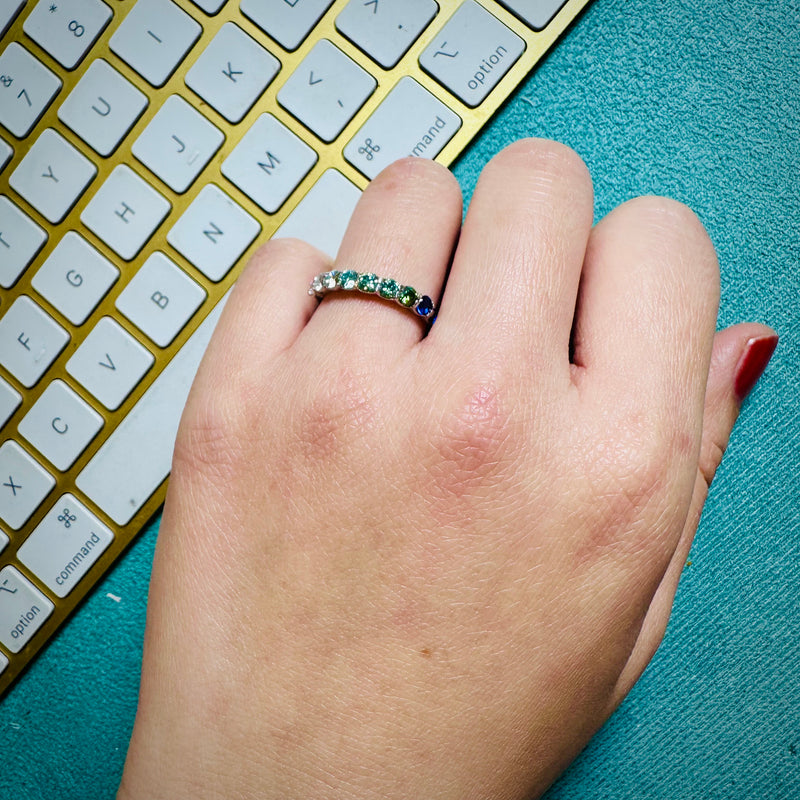 Ombre 3MM White Blue Green Moissanite Blue Sapphire Wedding Band