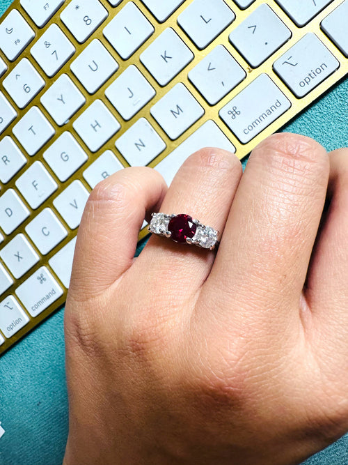 Red Ruby White Moissanite 3Stone Ring
