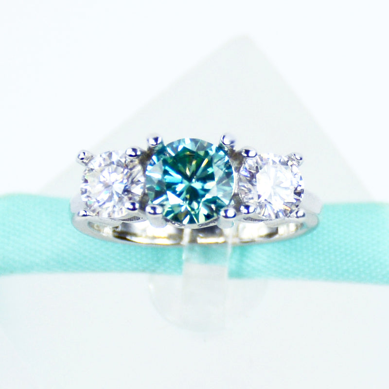 3Stone Blue&White Moissanite Engagement Ring