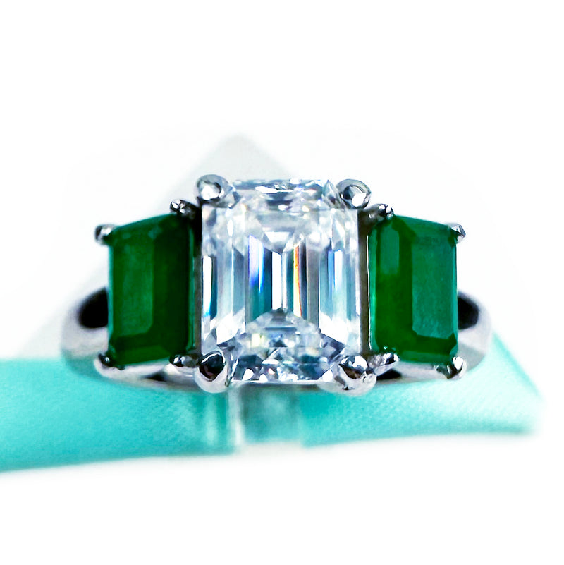 Three Stone Emerald Cut White Moissanite Green Emerald Engagement Ring