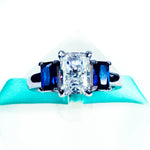 3Stone Radiant White Moissanite Blue Sapphire Ring
