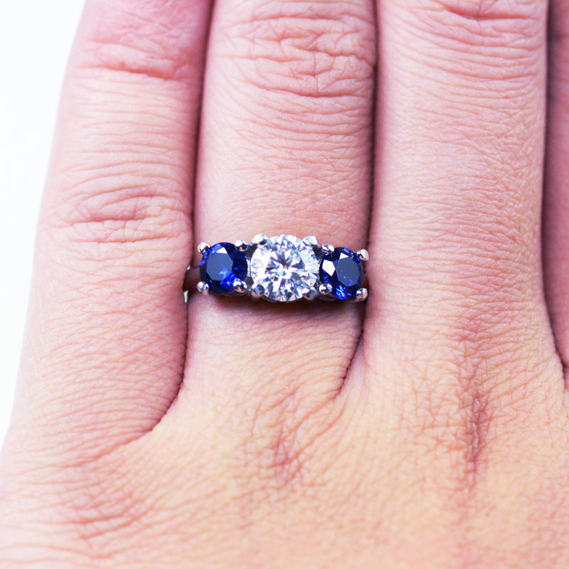 1CT Moissanite Blue Sapphire 3Stone Ring