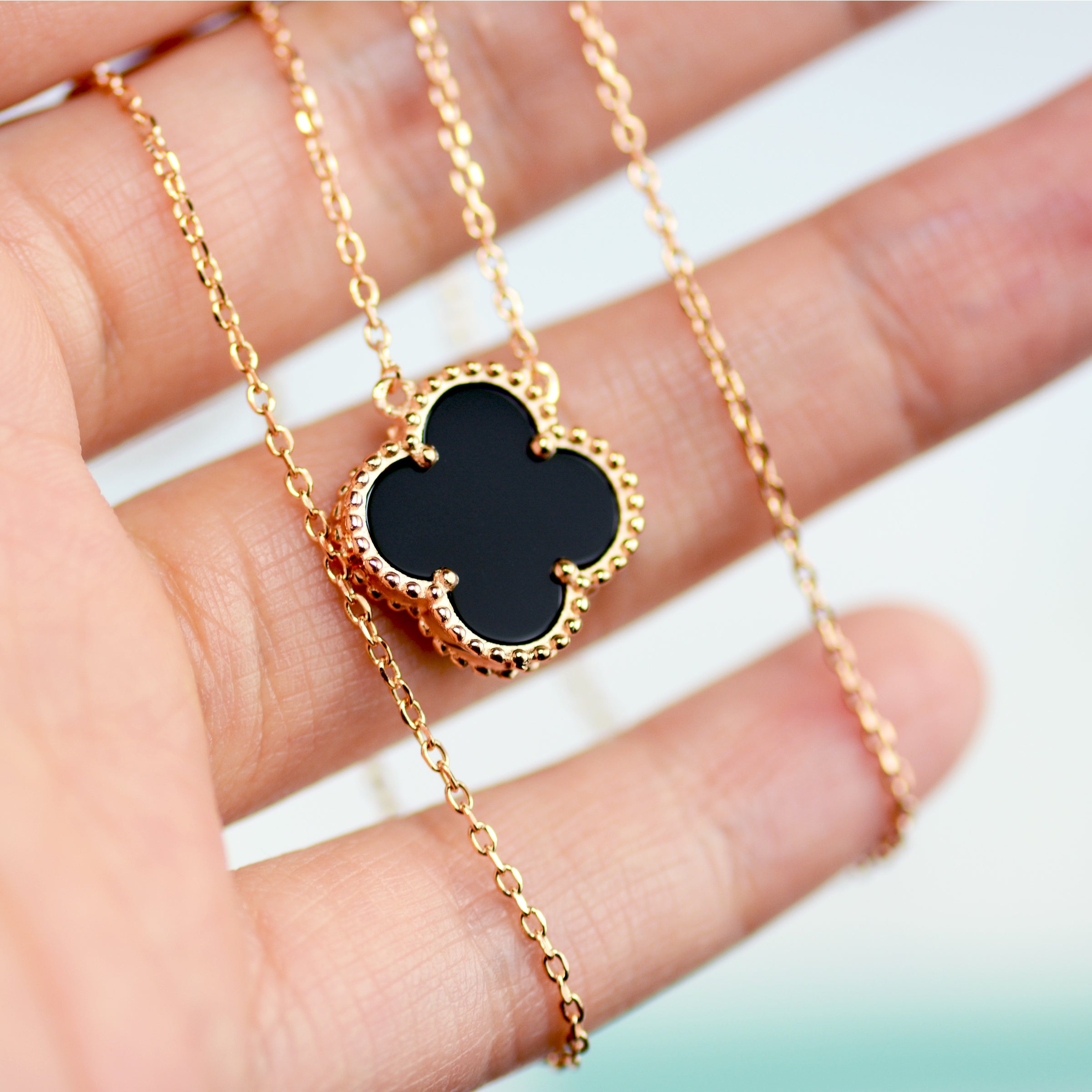Lucky Clover Four Leaf Black Onyx Necklace In Rose Gold